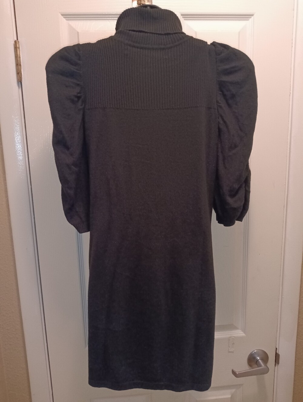 Max Studio Turtleneck Puff-Sleeve Sweater Dress in Dark Green - Picture 2 of 5